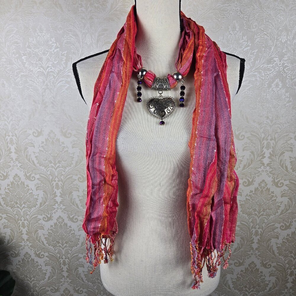 Pink Orange Striped Infiniti Style Versatile Scarf Silver/Purple Beaded Jewelry